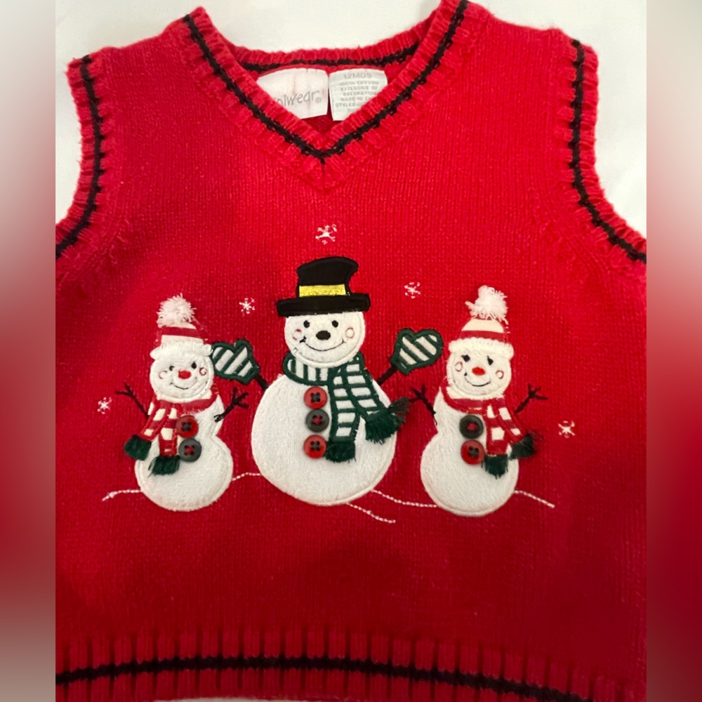 MiniWear Infant‎ Boys 12 Month CHRISTMAS RED SWEATER Vest W/Snowman Patch Cotton